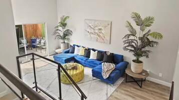 Smart TV, fireplace, books