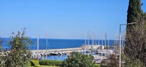 Un port de plaisance avec des bateaux amarrés, un ciel bleu dégagé et un arbre au premier plan.