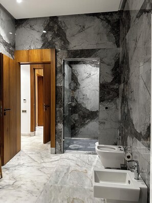 Shower, jetted bath, hair dryer, bidet