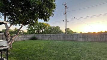 A backyard with a wooden fence, a tree, and a utility pole.