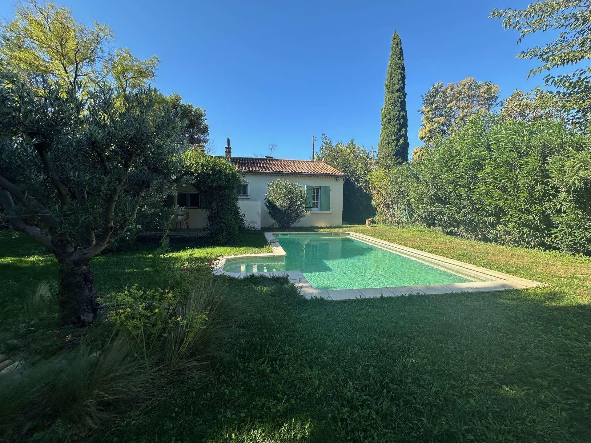 Ein Haus mit Swimmingpool, umgeben von üppiger Vegetation.