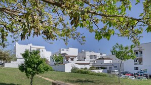 A residential area with white buildings, a small tree, and a bench.