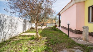 A courtyard with a tree, a pathway, a building with a pink wall, and a stone wall.