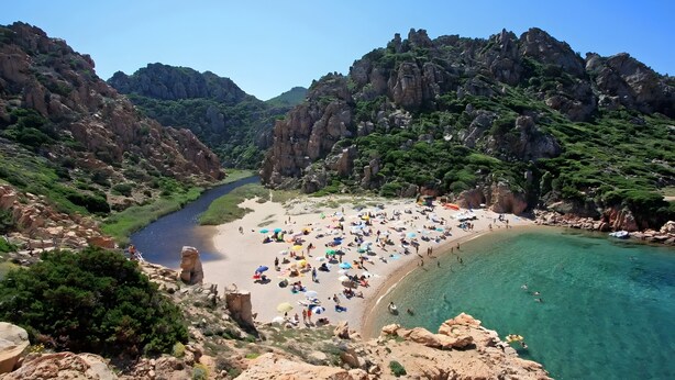 A coastal landscape with a beach, clear water, rocky cliffs, and greenery.