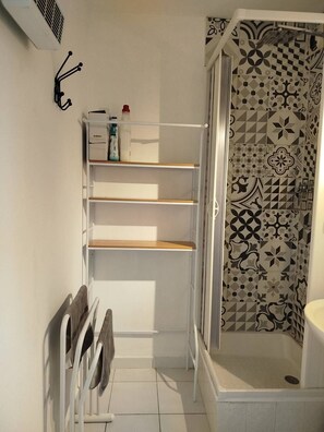 Regadera, secadora de cabello, papel de baño 