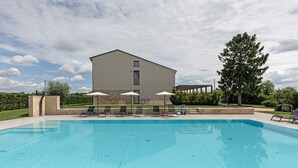 Une piscine rectangulaire à l’eau d’un bleu limpide, entourée de chaises longues et de parasols, avec un bâtiment visible au loin.