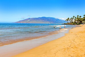 A beach with clear blue water, a sandy shore, and a mountain in the background.