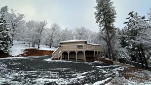 A building with a covered outdoor area, surrounded by snow-covered trees.