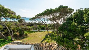 A terrace with a view of the sea, surrounded by trees and a stone wall.