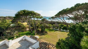A coastal property with a patio, trees, and a view of the sea.