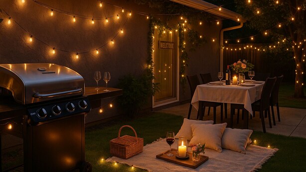 An outdoor patio with a barbecue grill, dining table set for two, and string lights. - Sunnyvale 3B2b Super Big House (Sunnyvale)