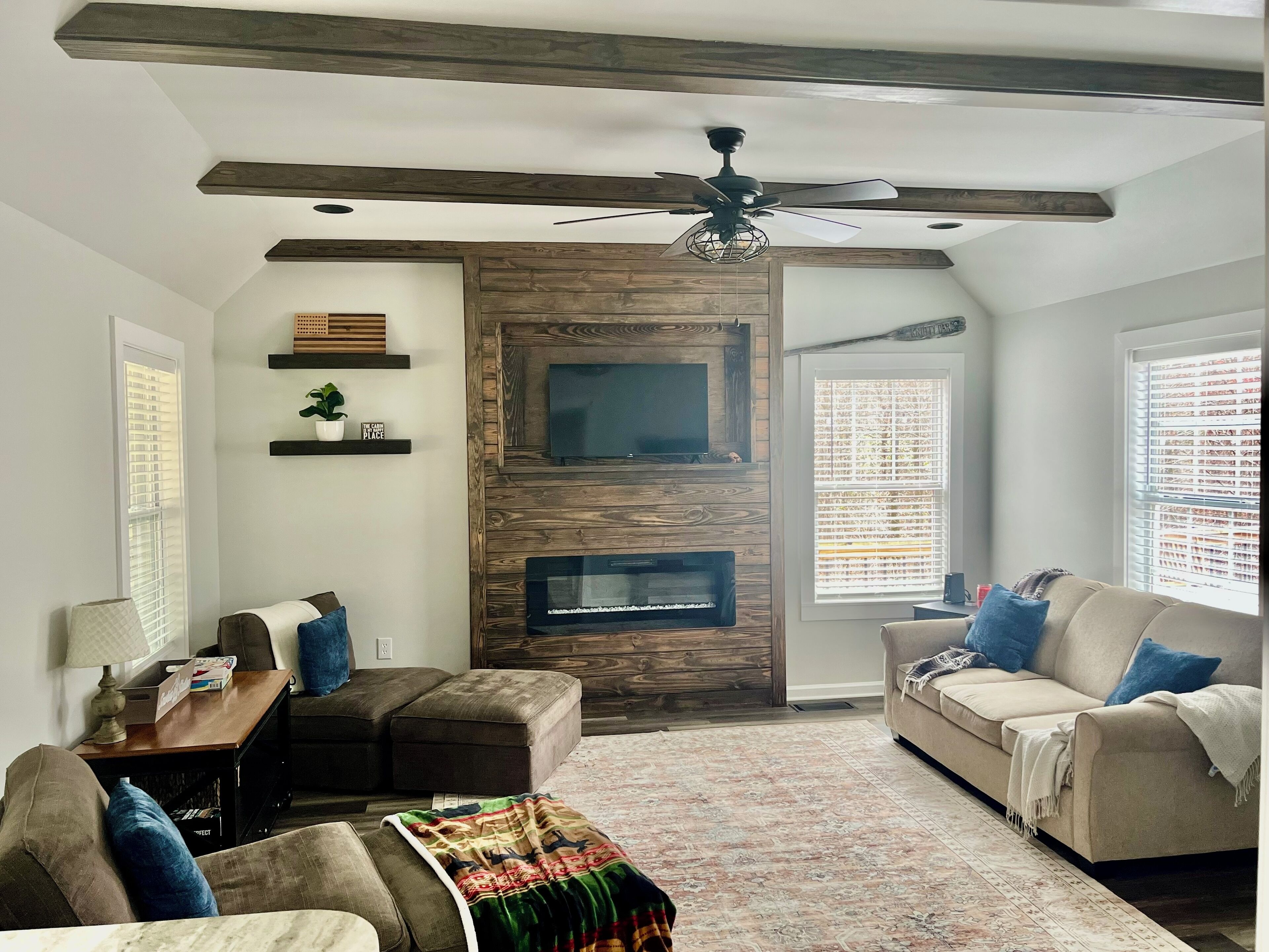 Smart TV, fireplace, books