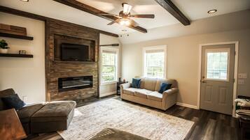 Smart TV, fireplace, books