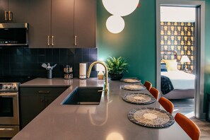 Fridge, microwave, oven, stovetop