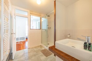 Shower, hair dryer, towels