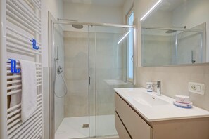 Shower, hair dryer, bidet, towels