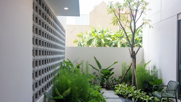 A modern courtyard with a variety of plants, a pathway, and a seating area. - ORA Serviced Apartments - Binh Duong New City (Ho Chi Minh City)