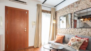 A modern living room with a wooden door, a grey sofa with patterned cushions, a round coffee table, and a brick wall with a large mirror. - Apartment with a spectacular terrace in the center (Málaga)