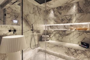 Shower, hair dryer, towels