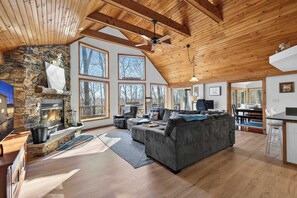 TV, caminetto, libri