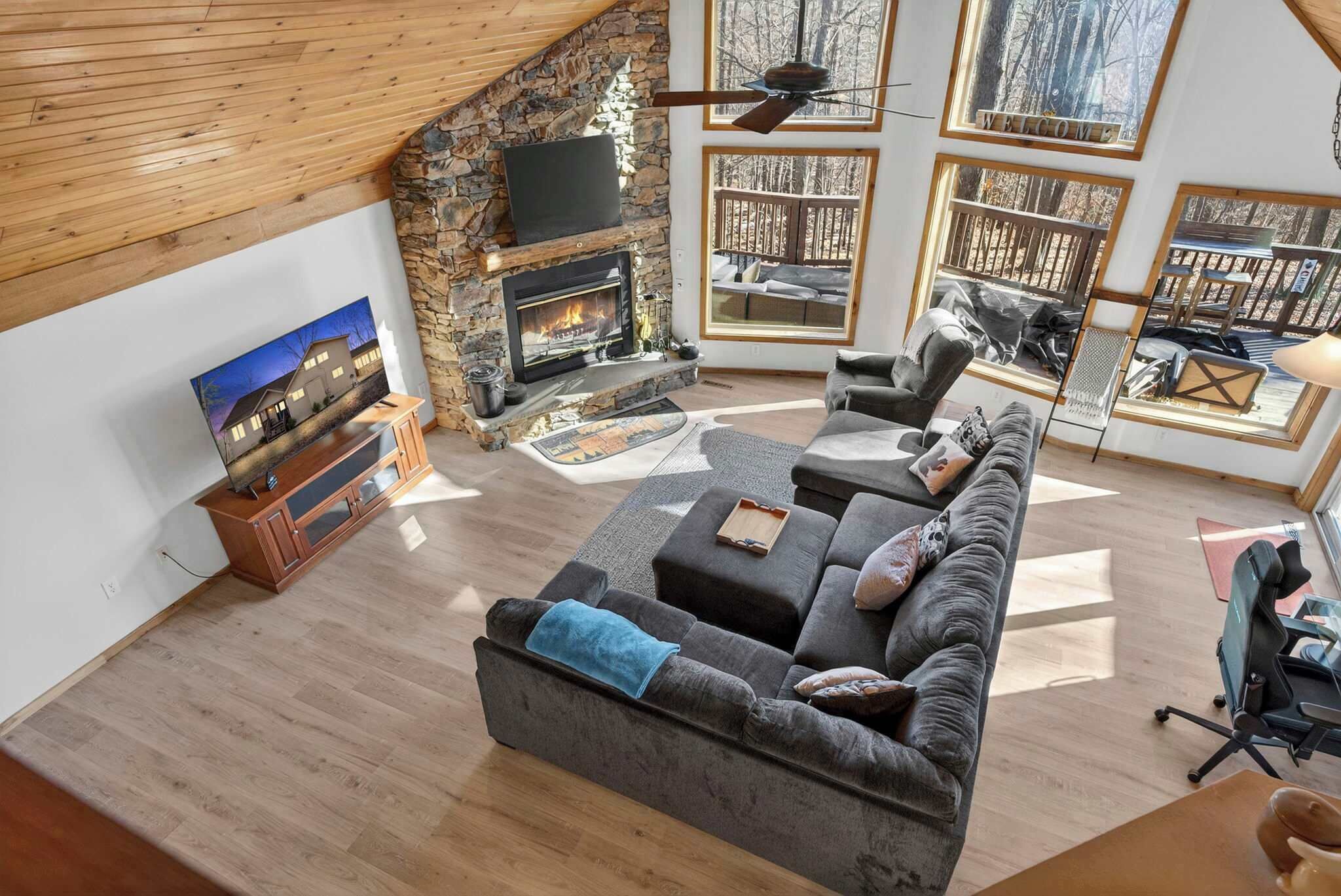 TV, fireplace