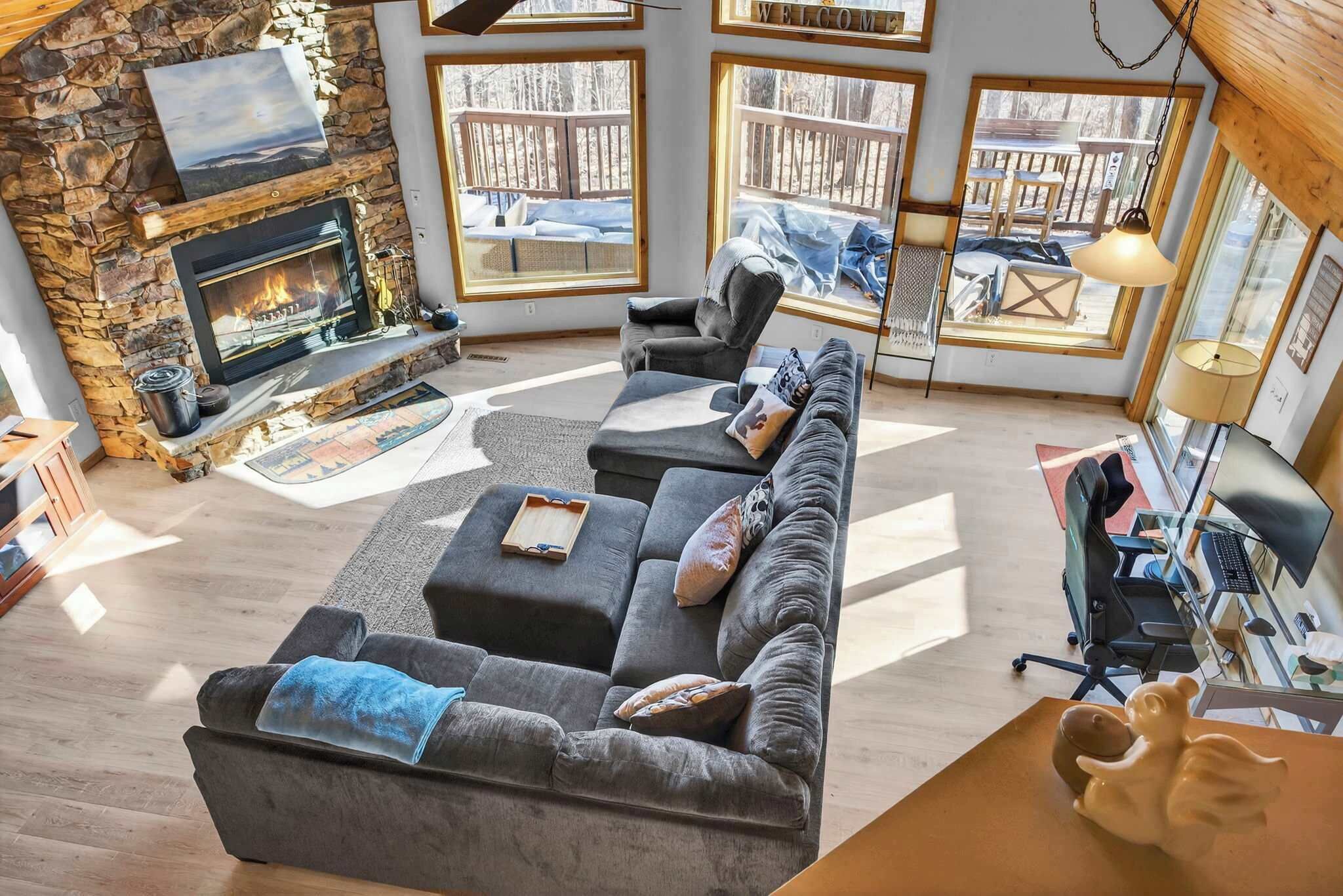 TV, fireplace, books