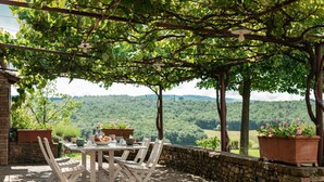 Un patio al aire libre con una mesa y sillas, rodeado de muros de piedra y plantas en macetas, con vistas a un paisaje pintoresco.