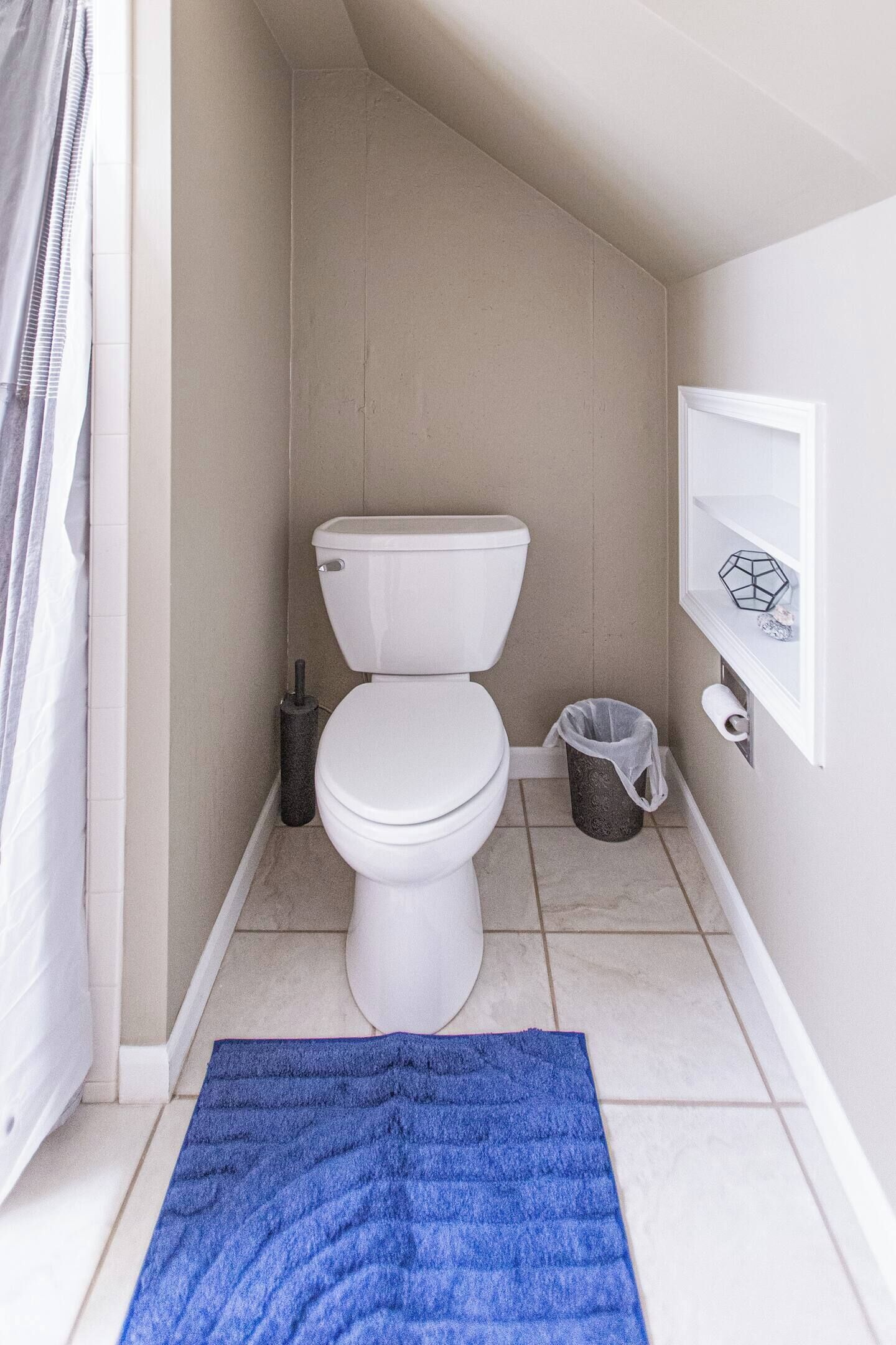 Une petite salle de bain avec des toilettes, une poubelle et un tapis bleu sur le sol.