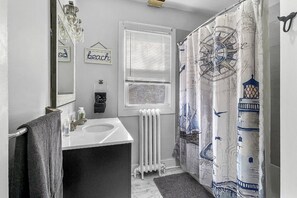 Shower, hair dryer, shampoo