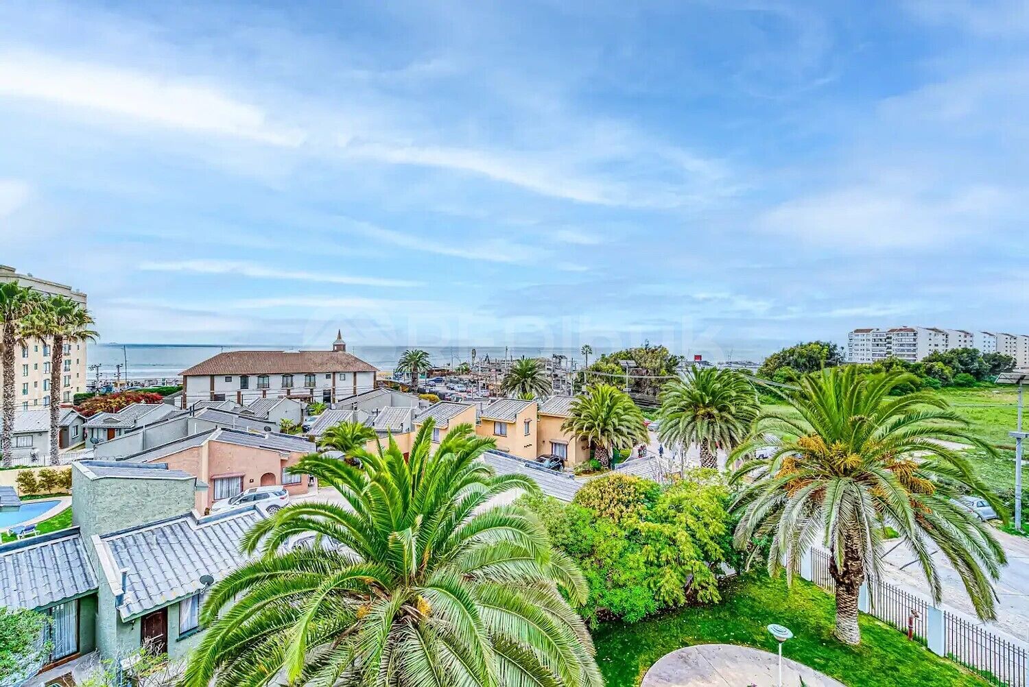 A coastal residential area with houses, palm trees, and a view of the sea.
