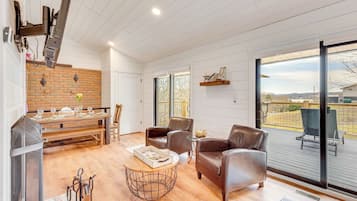 TV, fireplace, books, stereo