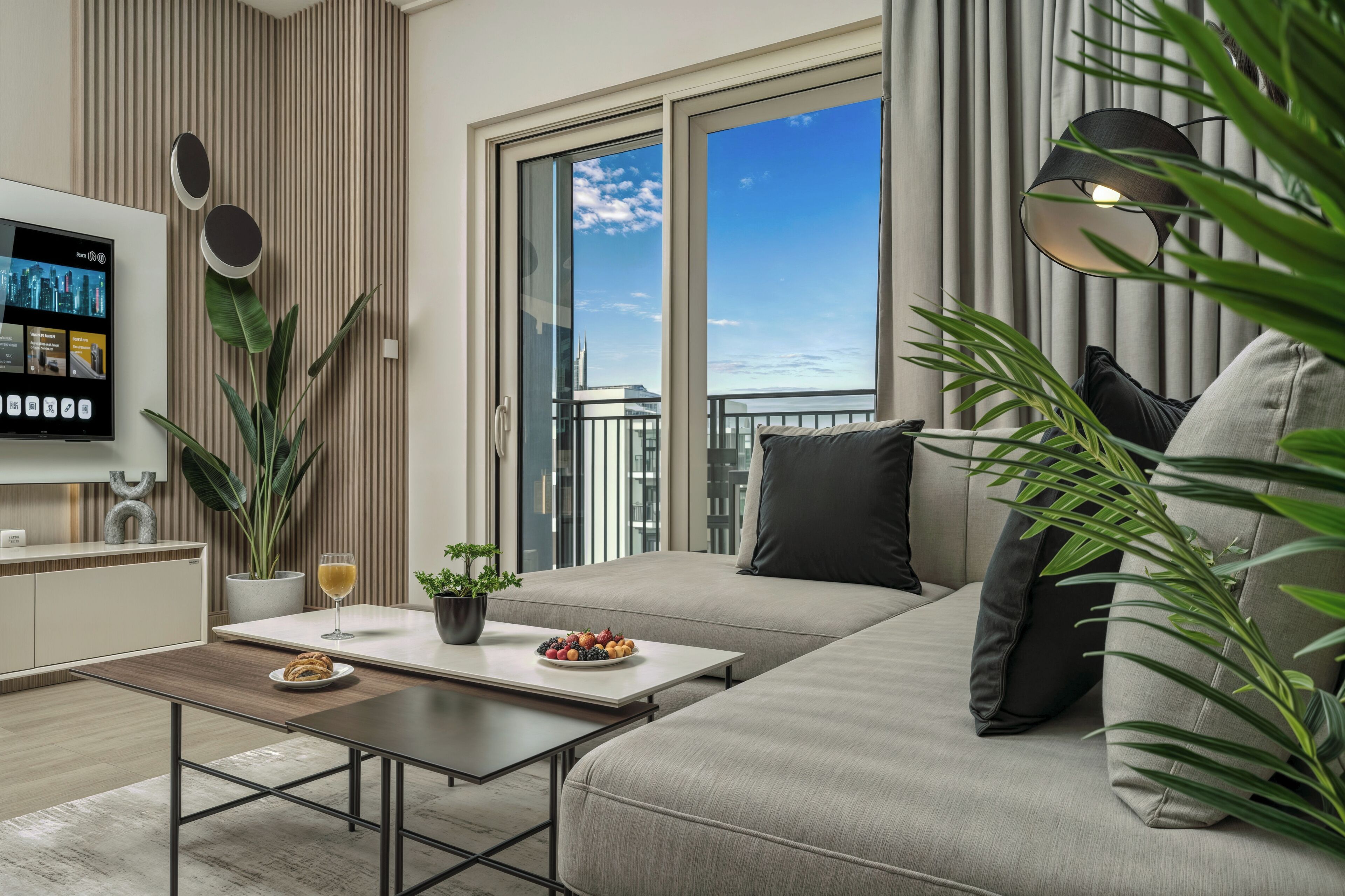 A modern living room with a sofa, a coffee table with fruit, a TV, and a balcony with a city view.