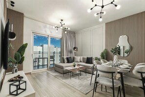 Elite-lejlighed - balkon - udsigt til gårdsplads | Opholdsområde | 63-tommers smart-tv med digitale kanaler, Netflix, streamingtjenester