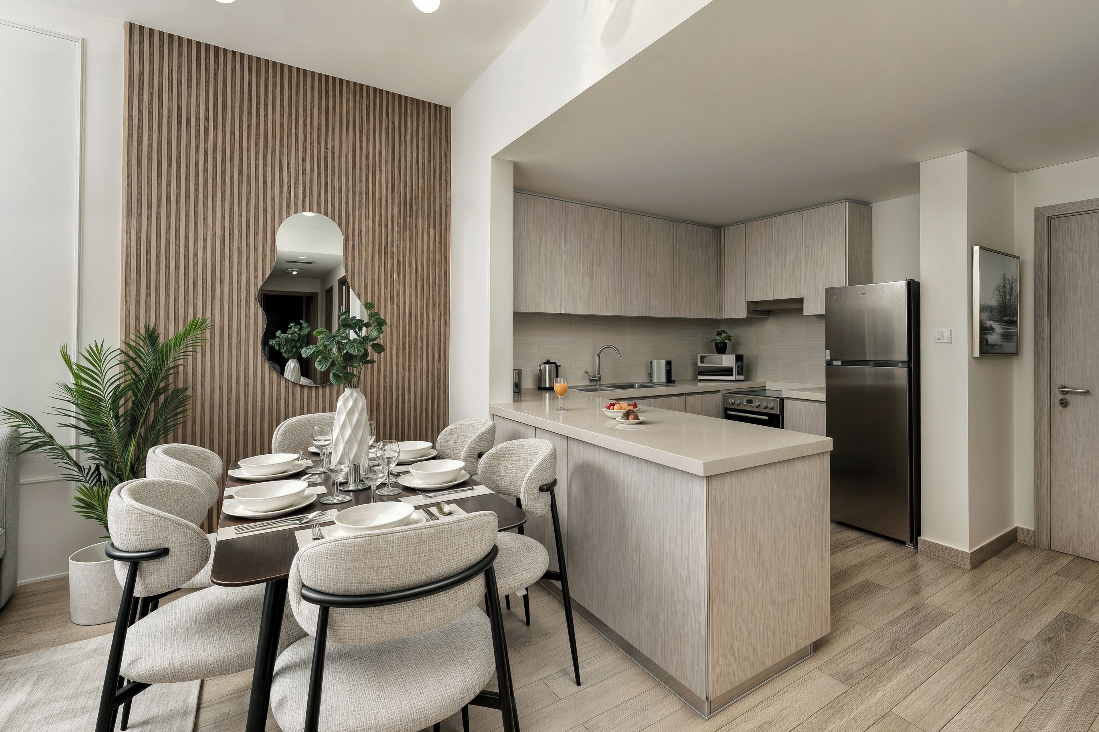 A modern kitchen with a central island, built-in cabinets, and a stainless steel refrigerator.
