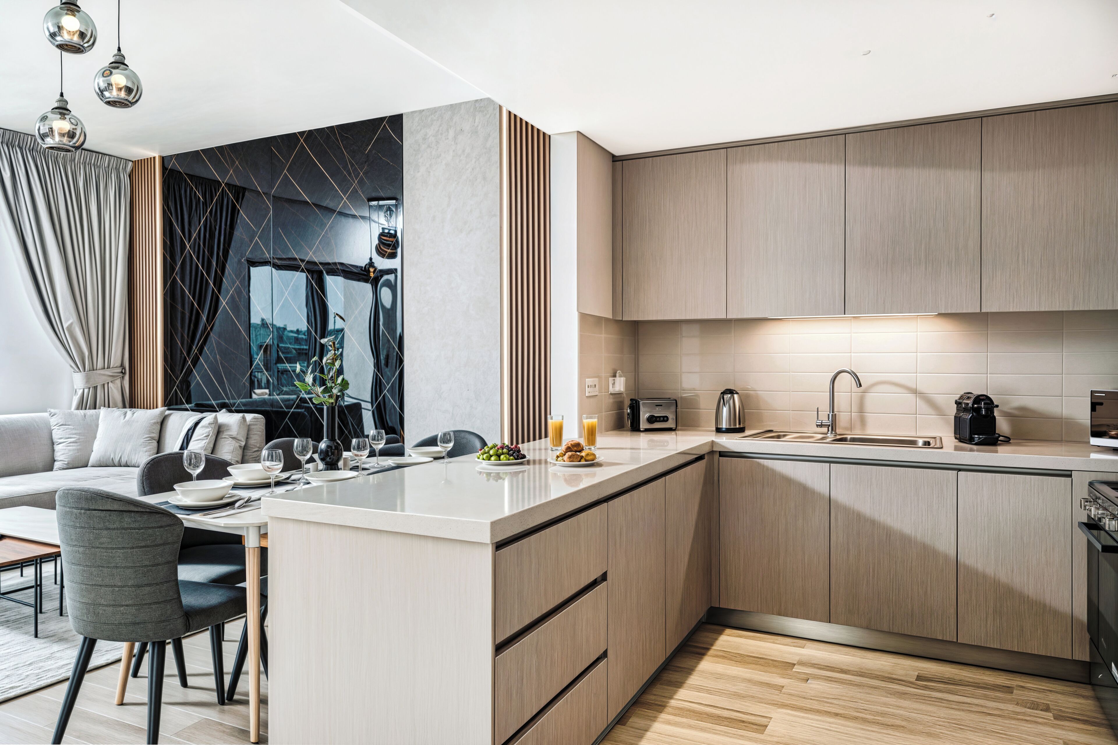 A modern kitchen with a central island, wooden cabinets, and a dining area with a sofa and chairs.
