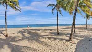 A beach with palm trees and a clear sky.