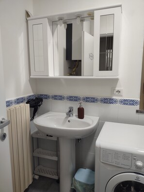 Hair dryer, towels, soap, toilet paper