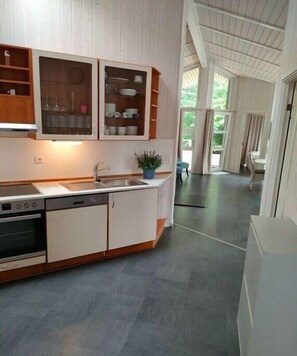 Fridge, microwave, oven, stovetop - holiday home with 2 bedrooms (Brodersby-Schönhagen)