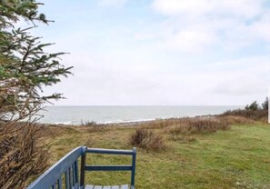 Eine Bank mit Blick auf eine grüne Wiese und das Meer.