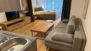 A compact living space with a sofa, a TV on a wooden stand, a wooden table, and a kitchenette with a sink. - Apartment in Saalfelden near Ski Slopes (Saalfelden am Steinernen Meer)