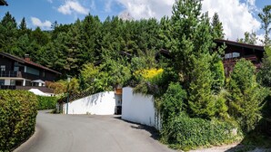 A residential area with a paved driveway, white walls, and dense green trees. - Alpine Hideaway in Saalfelden (Saalfelden am Steinernen Meer)