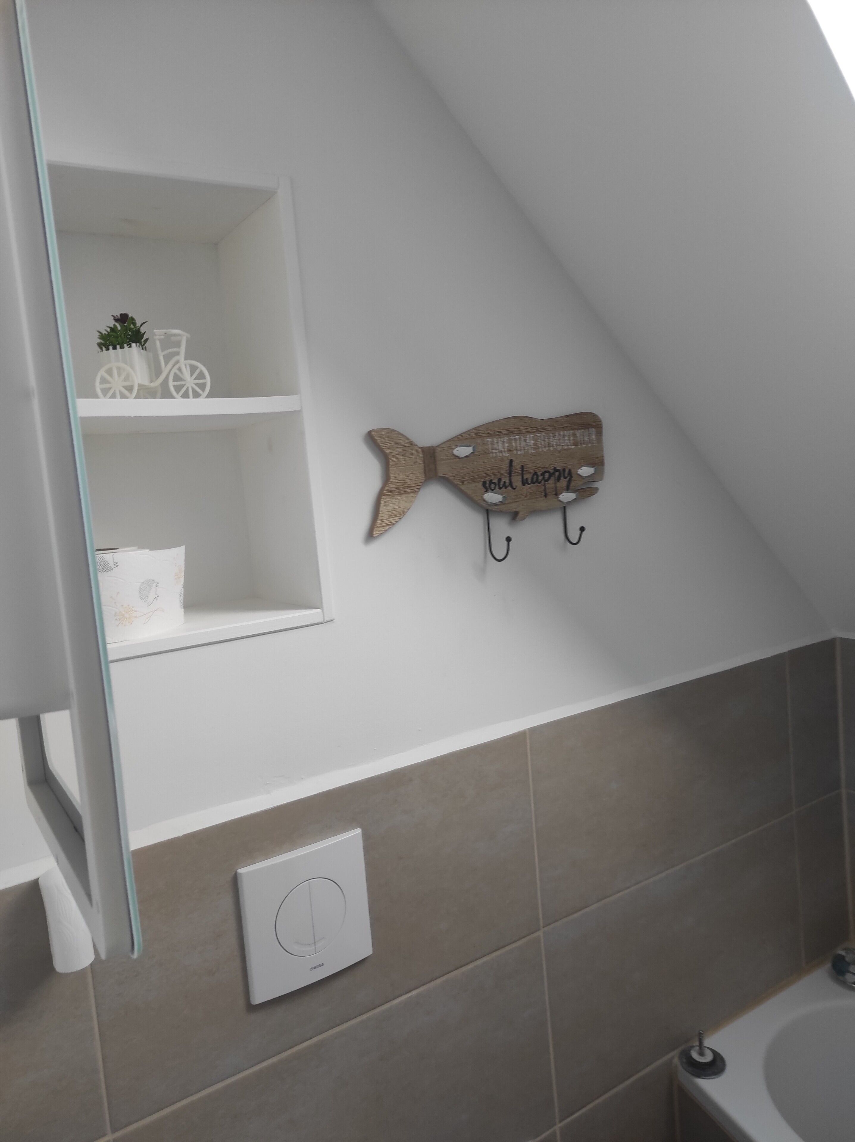Un baño con un estante blanco, un interruptor de luz en la pared y una decoración con forma de pez que tiene ganchos.