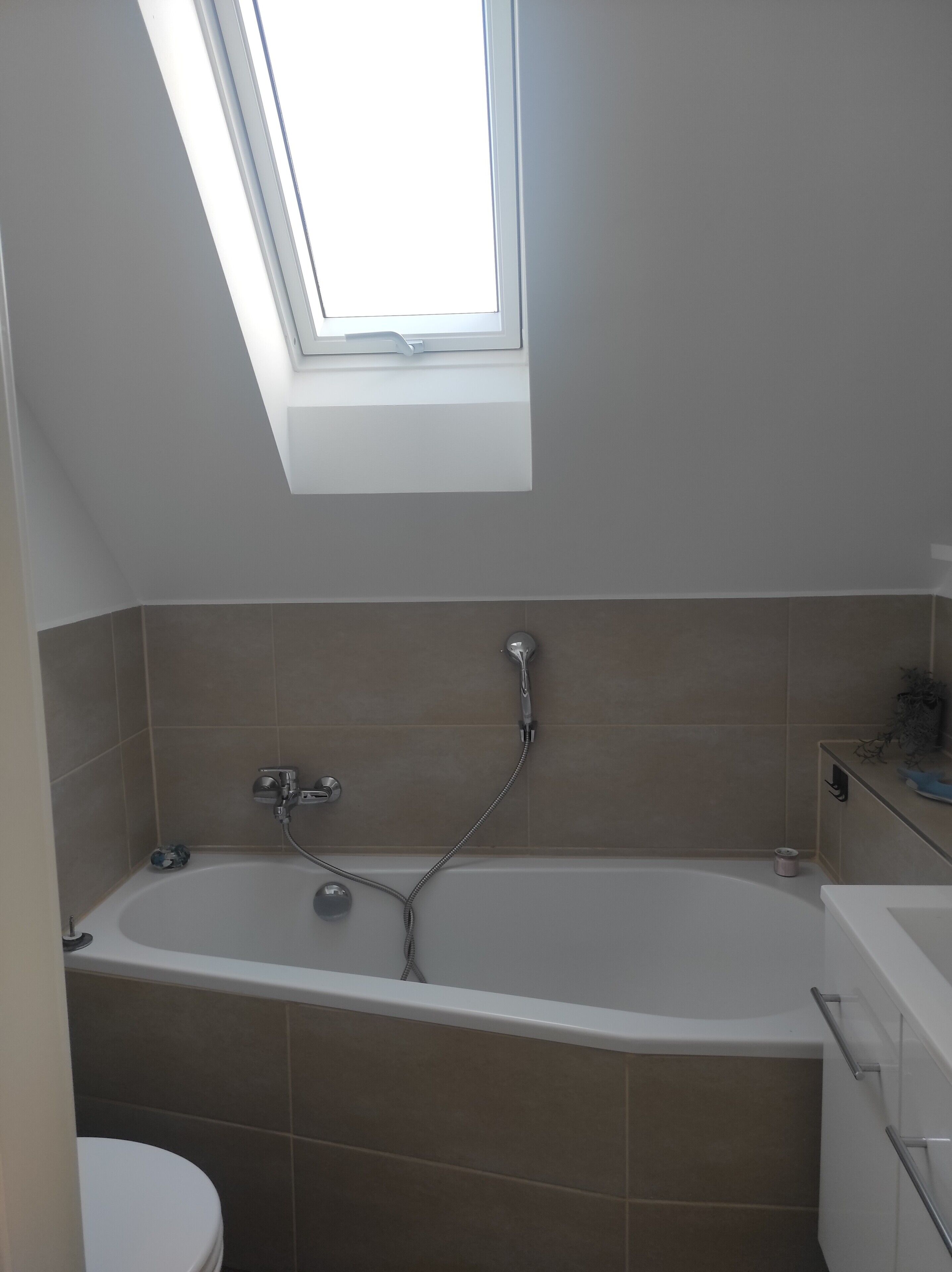 Ein Badezimmer mit Oberlicht, einer Badewanne und einer Toilette.