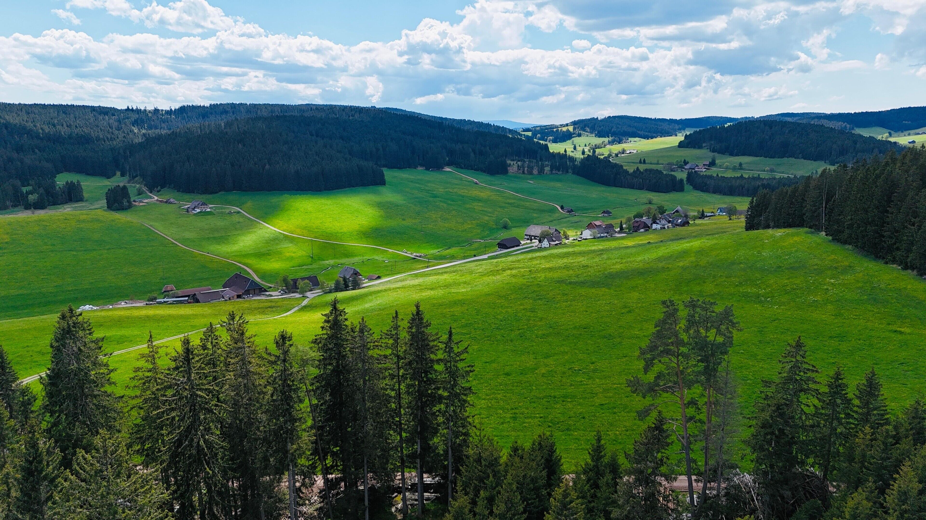 A rural landscape with green fields, scattered houses, and dense forested areas.