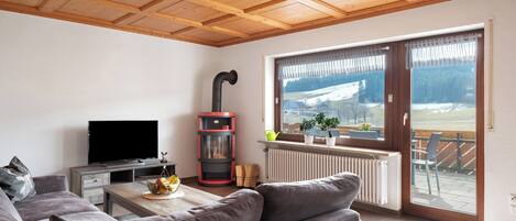 Télévision, cheminée, table de tennis de table, chaîne hi-fi