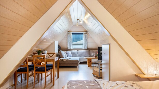Une chambre mansardée de forme triangulaire, comprenant un lit, un canapé, une table à manger et un téléviseur.