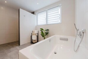 Shower, hair dryer, towels
