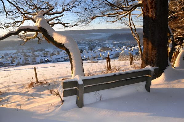 A bench in a snowy landscape with a view of a village.