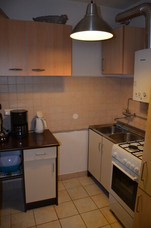 Une cuisine compacte avec des meubles de rangement en bois, une cuisinière à gaz, une machine à café et un évier.