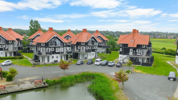 Une rangée de maisons aux façades noires et blanches, coiffées de toits rouges, un petit étang et des voitures garées devant.
